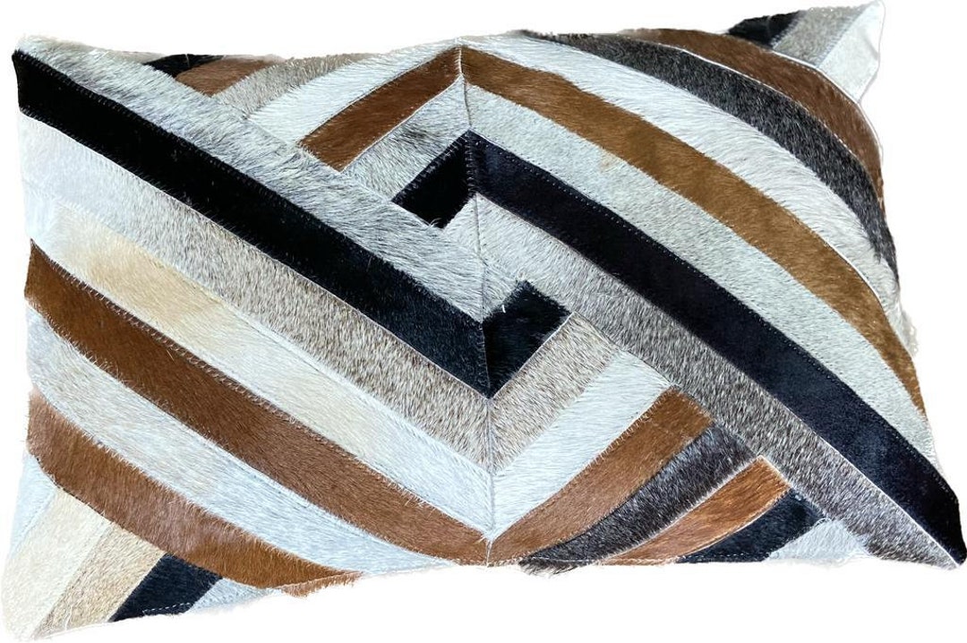 Handmade Leather Cowhide Patchwork Pillow Cover Lumbar Grey & Brown
