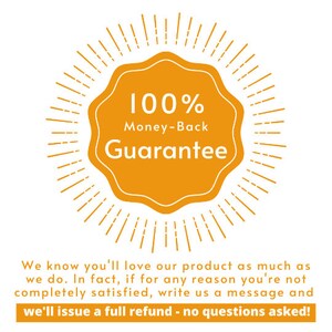 Pu&ograve; includere: Un badge circolare giallo con un design a raggiera. Il badge dice "100% Garanzia di rimborso". Il testo sotto il badge dice "Sappiamo che amerai il nostro prodotto tanto quanto noi. Infatti, se per qualsiasi motivo non sei completamente soddisfatto, scrivici un messaggio e ti rimborseremo l'intero importo - senza fare domande!"