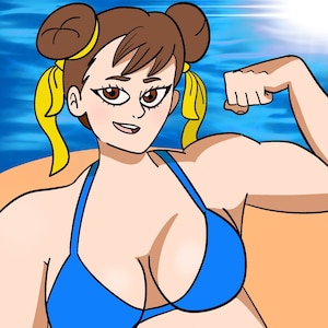 May include: A cartoon illustration of a woman with brown hair in a blue bikini top and matching blue bottoms. She is flexing her bicep and smiling.