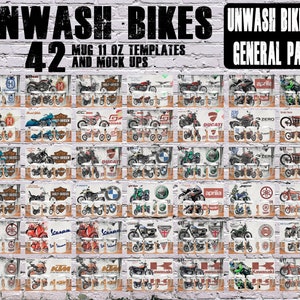 Może przedstawiać: Kolekcja 42 białych kubków o pojemności 312 ml z motocyklowymi wzorami i logo. Kubki prezentują różne marki motocykli, w tym Ducati i Kawasaki. Widoczny jest tekst "UNWASH BIKES" i "GENERAL PACK".