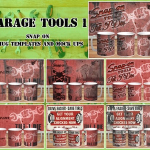 Puede incluir: Colección de siete plantillas y maquetas de tazas con temática de garaje. Las tazas presentan el logotipo de Snap-on Tools y varios diseños, incluyendo un puño sosteniendo una llave y el texto "Till I Die". El fondo es rojo desgastado.
