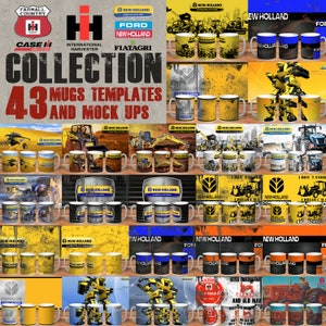 May include: A collection of 43 mug templates and mockups featuring various designs. The mugs showcase logos and imagery related to agricultural and construction equipment brands like New Holland, Case IH, and Ford. The mugs are displayed on shelves.