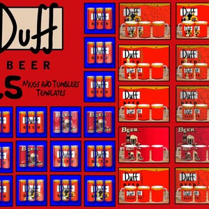 May include: A collage featuring "Duff Beer" mugs and cans against a red backdrop. The text includes "Duff Beer" and "25 Mugs and Tumblers Templates". The mugs are red with white handles, and the cans are red and blue.
