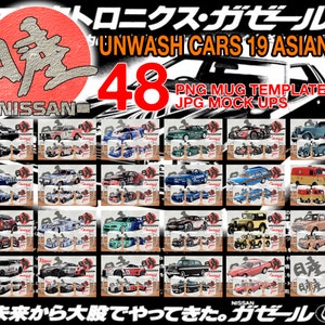 Może przedstawiać: Obraz promocyjny z 48 szablonami kubków z wzorami samochodów. Tekst zawiera "UNWASH CARS 19 ASIAN 2", "PNG MUG TEMPLATES JPG MOCK UPS" i "NISSAN". Projekt zawiera japoński tekst i czerwone koło.