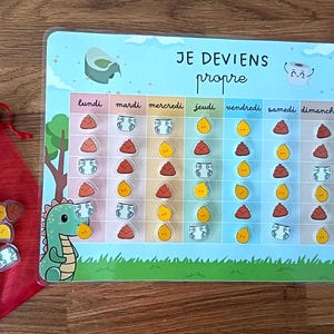 Könnte beinhalten: Eine Töpfchentrainings-Tabelle für Kinder mit dem Schriftzug "JE DEVIENS propre" und Illustrationen eines Dinosauriers und eines Tigers. Die Tabelle hat Felder für jeden Wochentag, mit Aufklebern von Windeln, Kot und Sternen. Eine rote Tasche mit Aufklebern befindet sich an der Seite.