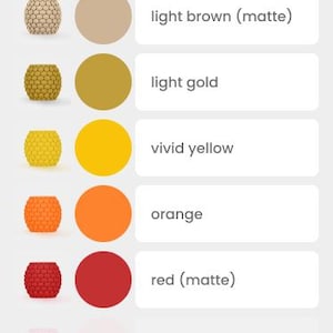 May include: A color chart titled Standard colors displaying a vertical list of small cylindrical objects with a hexagonal honeycomb texture. The list includes black, matte black, grey, silver, white, matte white, matte light brown, light gold, vivid yellow, orange, matte red, taro purple, matte blue, blue grey, matte light blue, mint green, and matte olive green.