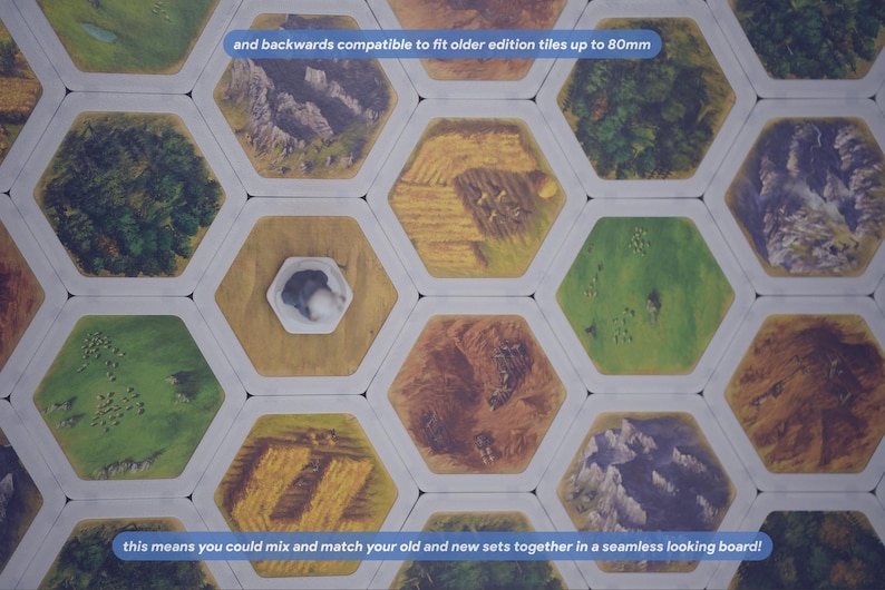 May include: A collection of hexagonal board game tiles featuring illustrations of forests, mountains, fields, and pastures. The tiles are arranged in a grid pattern. Text on the image states: and backwards compatible to fit older edition tiles up to 80mm, and this means you could mix and match your old and new sets together in a seamless looking board!