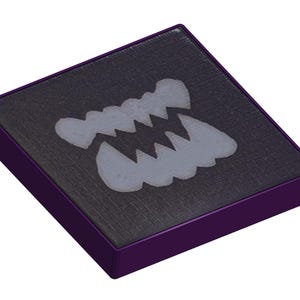 May include: A square, dark gray object with a purple border. The center features a white, stylized illustration of a monster's teeth. The design is simple and graphic, with a textured appearance.