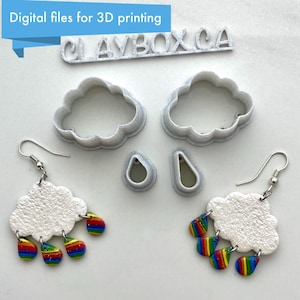 May include: Cloud-shaped earrings with rainbow raindrop charms. The image also shows cloud and raindrop-shaped cutters, and the text "Digital files for 3D printing" and "CLAYBOXCA".