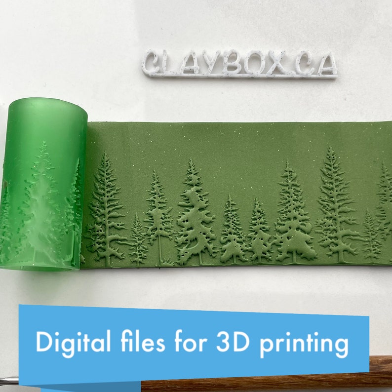 May include: A green 3D printed rolling pin with a forest scene design. The rolling pin is used to create texture in clay. The text "CLAYBOXCA" is visible in the background.