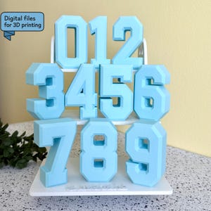 Può includere: Un set di numeri blu chiaro stampati in 3D, da 0 a 9, esposti su un supporto bianco. I numeri hanno un design geometrico e sono disposti su due file. L'immagine include il testo "Digital files for 3D printing".