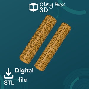 May include: Two brown wooden rolling pins with a repeating pattern of hearts and squares. The rolling pins are on a teal background with the text "Clay Box 3D" and a download icon with the text "Digital STL file".