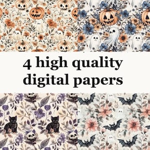 May include: Four digital paper designs featuring a Halloween theme. The designs include pumpkins, ghosts, bats, and flowers in a vintage style. The background is a cream color.