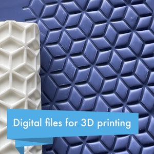 May include: A white 3D printed model of a geometric pattern, next to a blue silicone mat with the same pattern. The text "Digital files for 3D printing" is on a blue banner.