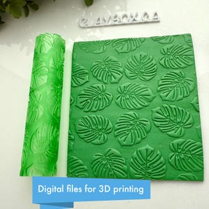 May include: Green 3D printed rolling pin and a sheet of green polymer clay with a repeating pattern of monstera leaves. Digital files for 3D printing.