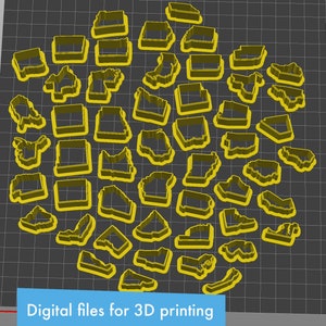 May include: Yellow plastic cookie cutters in the shapes of U.S. states. The cutters are arranged on a gray surface. The text "Digital files for 3D printing" is in a blue box at the bottom of the image.