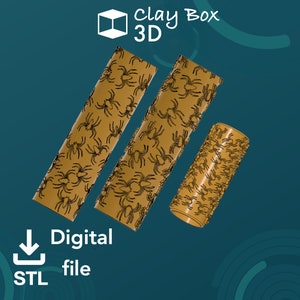 May include: Three 3D printed rolling pins with a spider web design. The rolling pins are brown and have a textured surface. The text "Clay Box 3D" and "Digital STL file" are visible in the image.