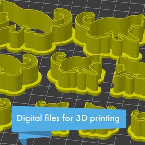 May include: Digital files for 3D printing of multiple cat-shaped cookie cutters. The cutters are yellow and have a 3D effect.