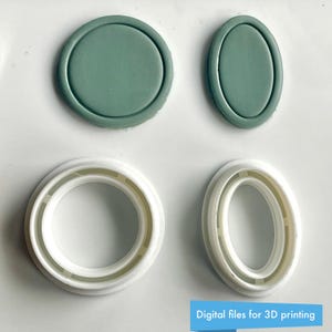 May include: Four 3D printing moulds are shown. Two are solid, sage green, one round and one oval. The other two are white, hollow, with a double-ring design, also round and oval. Text at the bottom reads "Digital files for 3D printing."