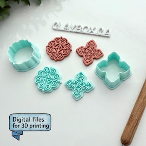 May include: A selection of cookie cutters in teal and brown, featuring floral and geometric designs. The shapes include a flower, quatrefoil, and a scalloped circle. The image includes the text "Digital files for 3D printing."