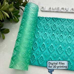May include: A rolled, turquoise-colored 3D printing texture sheet with a geometric pattern. The sheet is partially unrolled, revealing the textured surface. Text on the image reads "Digital files for 3D printing."