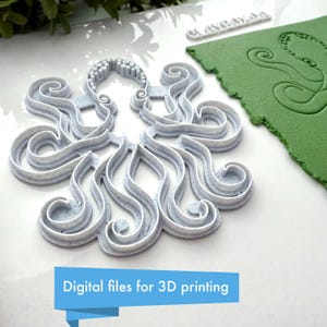 May include: A light gray octopus-shaped cookie cutter and a green clay piece with an octopus design. The image also includes the text "Digital files for 3D printing".