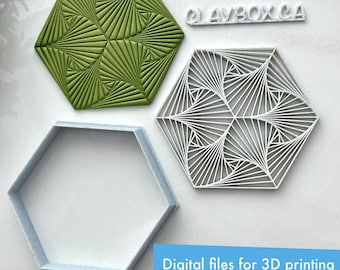 May include: A set of three 3D printed hexagonal molds for creating geometric designs. The molds are white and gray, and the design is a repeating pattern of triangles. The text "CLAYBOX.CA" is printed on a white mold.