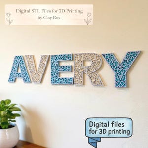 May include: The name AVERY spelled out in large, layered letters featuring a complex, intricate mandala-style cutout pattern. The letters alternate between a light cream color and a vibrant teal blue, creating a dimensional effect on the wall.