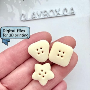 May include: Three off-white, decorative buttons in different shapes: a triangle, a square, and a star. Each button has four small holes. The image includes the text "Digital files for 3D printing" and the word "CLAYBOXCA".