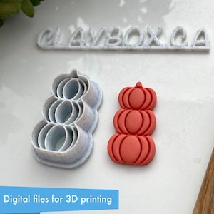 May include: Two 3D printed cookie cutters, one shaped like a stack of three pumpkins and the other shaped like a stack of four pumpkins. The pumpkin stack cookie cutters are white and the pumpkin stack cookie cutters are orange.