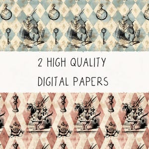 Vintage Alice in Wonderland Digital Papers – 2 Seamless Decorative Designs, 12x12”, 300 DPI