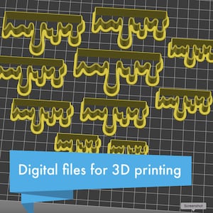 May include: Digital files for 3D printing of a set of yellow drip cookie cutters. The cutters are arranged in a grid pattern on a black and white grid background.
