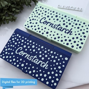 May include: Two 3D printed boxes with a polka dot pattern. The boxes are blue and green and have the word "Cornstarch" printed on them in white. Digital files for 3D printing.