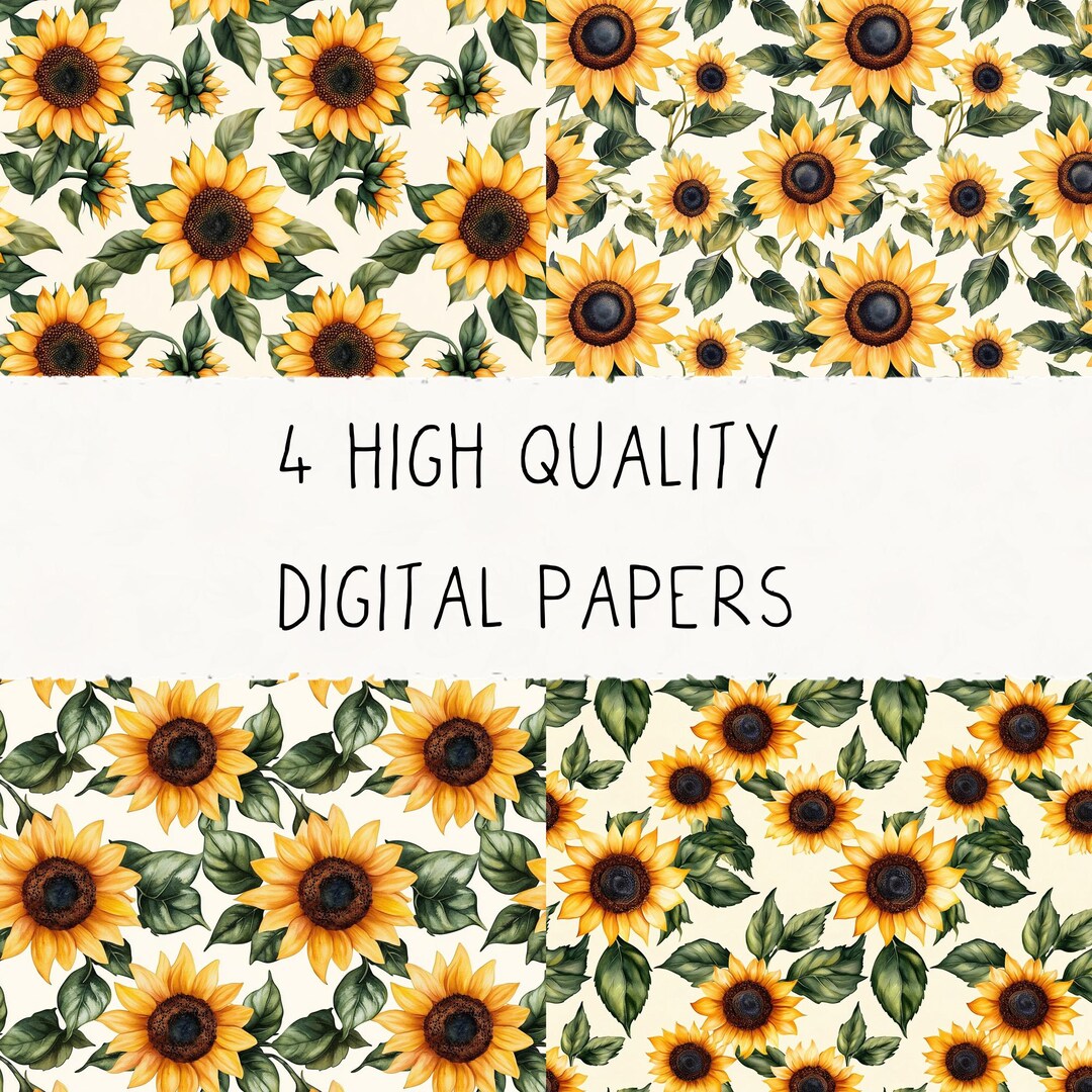 Sunflower Digital Paper Pack – 4 Seamless Floral Patterns, 12x12” PNG ...