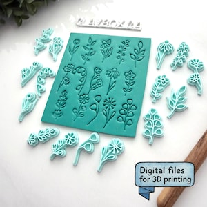 May include: A teal silicone mould featuring a variety of floral designs, with several individual floral cutouts. The mould displays an assortment of flowers and leaves. The text "Digital files for 3D printing" is visible on a blue banner.