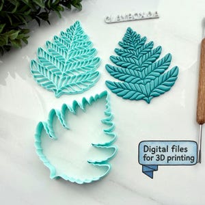 May include: Three teal fern leaf-shaped cookie cutters and a fern leaf-shaped 3D print. The cookie cutters are made of plastic. The 3D print is a detailed replica of a fern leaf. Text in the image reads "Digital files for 3D printing."