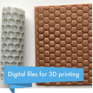 May include: Two 3D printed objects, one is a white honeycomb cylinder and the other is a brown honeycomb sheet. The text "Digital files for 3D printing" is below the objects.
