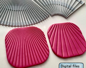 Könnte beinhalten: Bild von 3D-gedruckten Objekten. Zwei fuchsiafarbene, muschelförmige Teile befinden sich im Vordergrund, mit einem gerippten Design. Zwei graue, fächerförmige Teile befinden sich im Hintergrund. Text in einer blauen Box lautet "Digitale Dateien für den 3D-Druck".