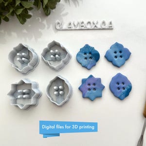 Op de afbeelding: Een assortiment grijze plastic koekjessnijders in de vorm van knopen en afgewerkte knopen in blauwe en paarse tinten. De tekst "CLAYBOX.CA" is zichtbaar, samen met de tekst "Digital files for 3D printing".