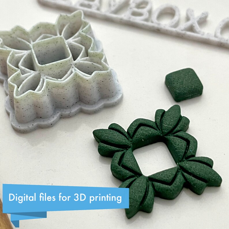 May include: Three 3D printed cookie cutters, one white with a geometric design, one green with a floral design, and one small square green cutter. Digital files for 3D printing.