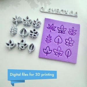 May include: A collection of leaf-shaped 3D printing cutters and a purple mold with leaf impressions. The cutters are gray, and the mold is purple. Text on the image reads "Digital files for 3D printing".