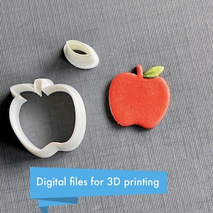 May include: Three 3D printed cookie cutters: a red apple, a whole apple, and a leaf. Digital files for 3D printing.