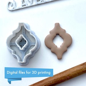 May include: A white plastic 3D printed mold for making a decorative tile with a geometric design. The mold is next to a brown clay tile that has been pressed into the mold. The text "Digital files for 3D printing" is visible in the image.