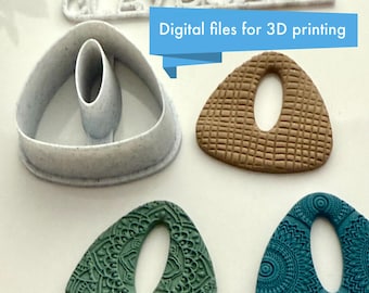 May include: A collection of clay art pieces and a 3D printing tool. The clay pieces are in the shape of a triangle with an oval cutout, featuring textured and patterned designs in brown, green, and teal. The text "Digital files for 3D printing" is visible.