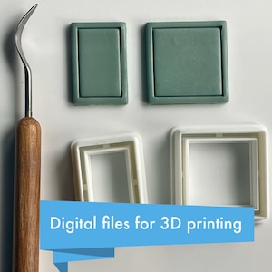 May include: An assortment of crafting tools and molds. Two rectangular green molds and two white square molds are displayed. A metal and wood tool is on the left. The text "Digital files for 3D printing" is on a blue banner.