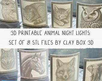 Animal Lithophane Night Light Bundle – 8 STL Files for 3D Printing | Wildlife & Pet Designs