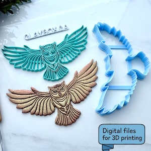 May include: An image showcases owl-shaped cookie cutters and a finished owl. The cutters are teal and blue, while the finished owl is brown and gold. The text "Digital files for 3D printing" is visible.