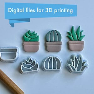 Puede incluir: Un conjunto de seis cortadores de galletas de suculentas y cactus impresos en 3D. Los cortadores son blancos y presentan diferentes diseños de suculentas y cactus. Los cortadores están dispuestos sobre una superficie blanca. Archivos digitales para impresión 3D.