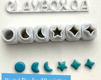 May include: A set of six 3D printed cookie cutters in the shape of a circle, crescent moon, and star. The cutters are white with a speckled texture. Below the cutters are six teal blue clay shapes, a circle, two crescent moons, and two stars.