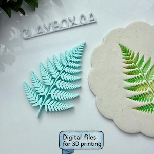 Peut inclure: Un tampon en forme de feuille de fougère bleu clair imprimé en 3D et un disque d'argile blanc cassé avec une empreinte de fougère verte et jaune. Le texte CLAYBOX.CA et Digital files for 3D printing sont visibles sur la surface blanche.